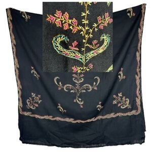 NEW Boho Floral Hand Embroidered Fabric Black Pink Yellow Beige Green 2.25 Yards
